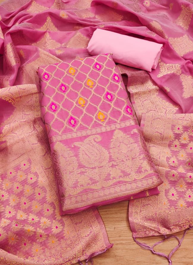 Chanderi Banarasi Pink Festival Wear Weaving Dress Material